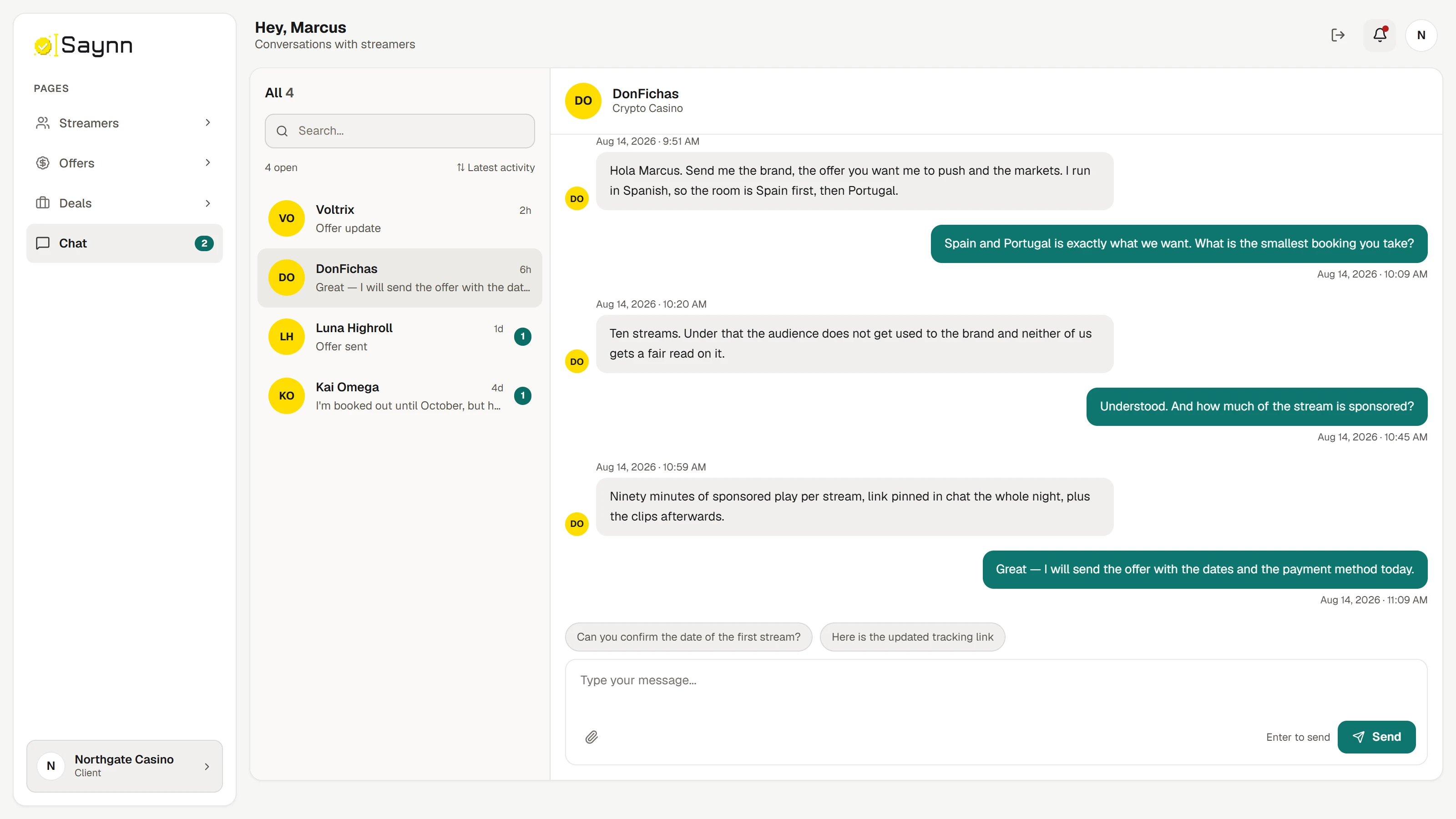 The Chat screen: a list of conversations with streamers on the left and an open thread on the right, where the streamer answers about their minimum booking and how much of each stream is sponsored.