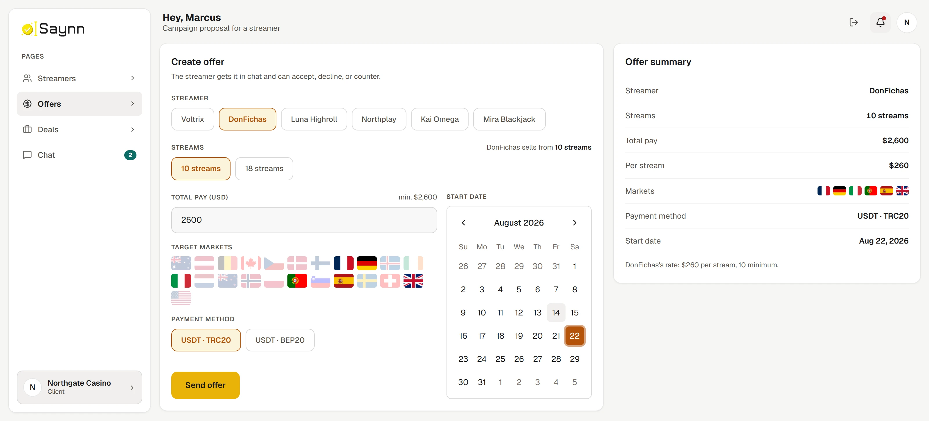 The Create offer screen: the streamer picker, the number of streams, the total pay, the target market flags, the payment method and a calendar to choose the start date, with a live summary of the offer on the right.