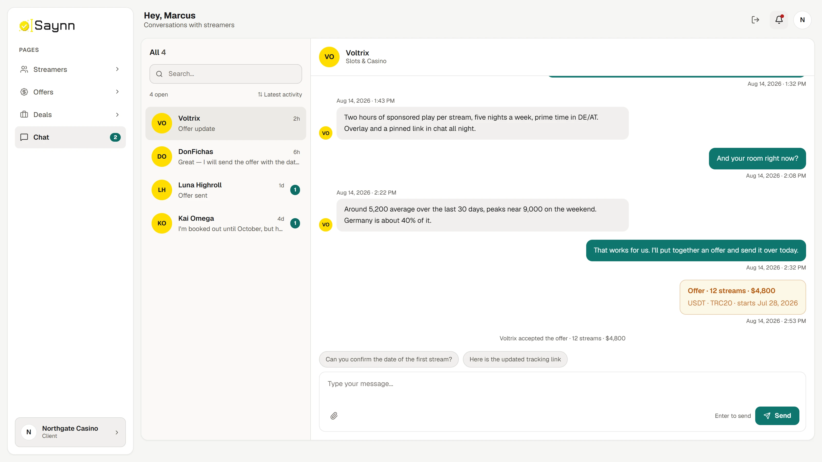 The chat thread after sending an offer: the offer card with the number of streams, the amount, the payment method and the start date, followed by a line saying the streamer accepted it.
